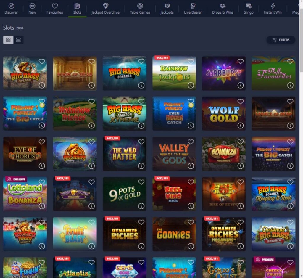 Lottoland Casino desktop interface screenshot showing slots variety with featured titles, categories and game providers – tested