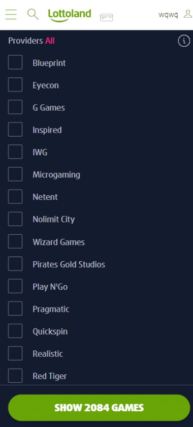 Lottoland Casino mobile interface screenshot showing list of software providers with logos and categories on smartphone screen – tested