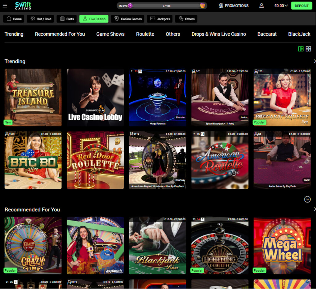 Swift Casino desktop live games collection screenshot – tested