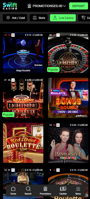 Swift Casino mobile live roulette tables screenshot – tested