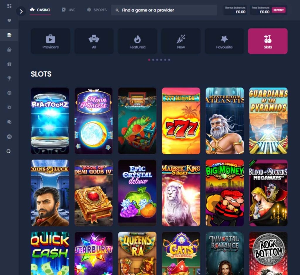 Betarno Casino desktop interface screenshot showing slots variety review with featured titles, categories and game providers – tested