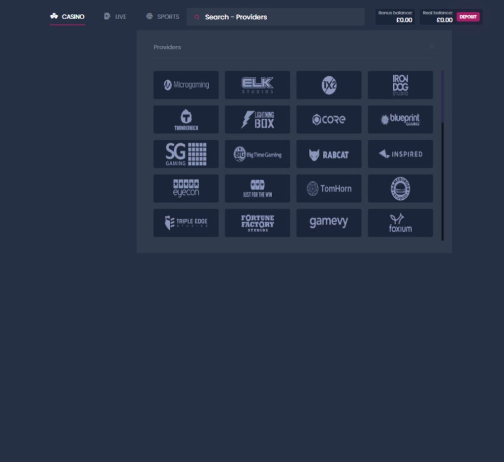 Betarno Casino desktop interface screenshot showing available software providers with logos and featured games in lobby – tested