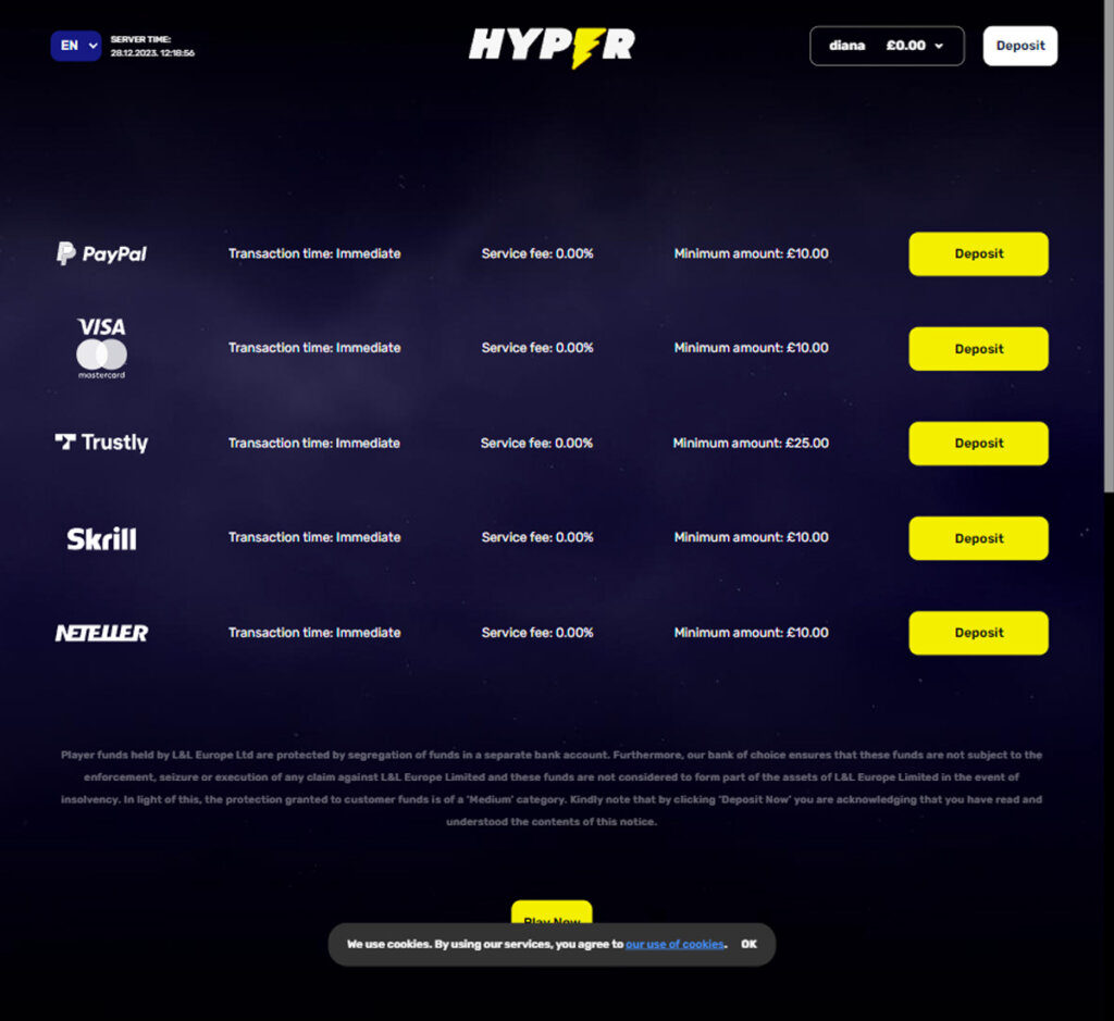 Hyper Casino desktop interface screenshot showing available deposit and withdrawal methods including Visa, Mastercard and PayPal – tested Hyper Casino desktop interface screenshot showing available deposit and withdrawal methods including Visa, Mastercard and PayPal – tested