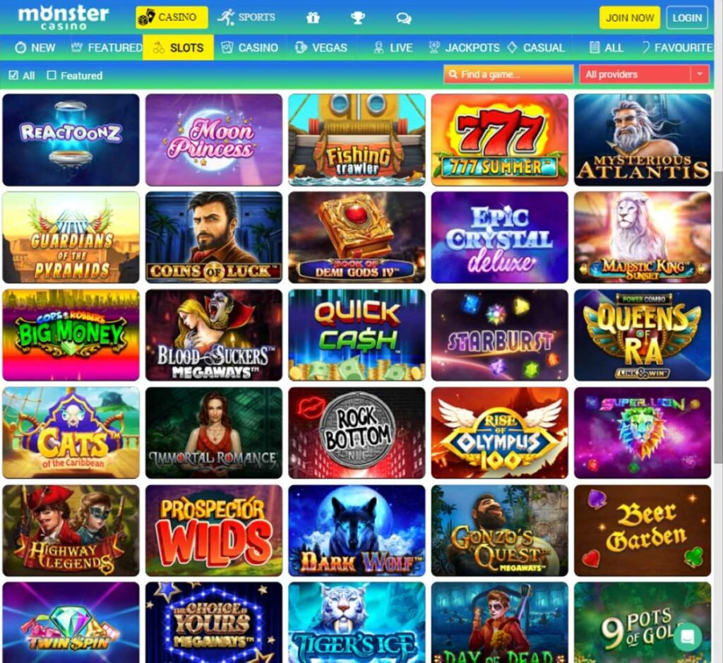 Monster Casino desktop interface screenshot showing slots variety with featured titles, categories and game providers – tested Monster Casino desktop interface screenshot showing slots variety with featured titles, categories and game providers – tested