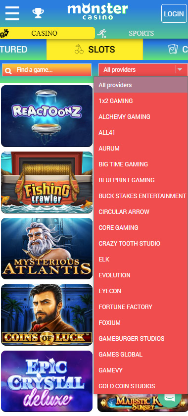 Monster Casino mobile interface screenshot showing list of software providers with logos and categories on smartphone screen – tested Monster Casino mobile interface screenshot showing list of software providers with logos and categories on smartphone screen – tested