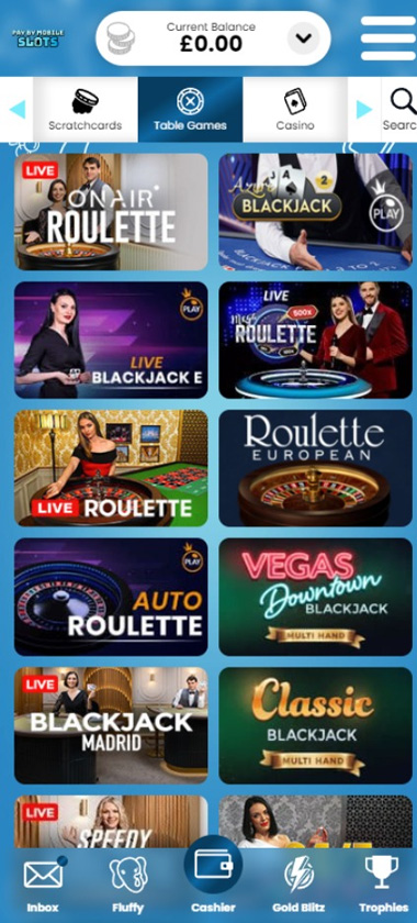 Pay by Mobile Slots mobile live dealer games screenshot showing tables including blackjack, roulette and baccarat on smartphone screen – tested