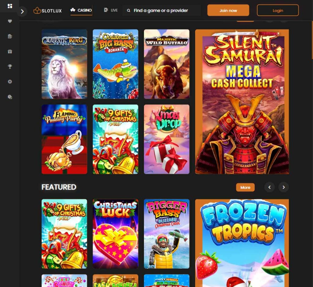 Slotlux Casino desktop slots screenshot showing featured games and slot categories – tested