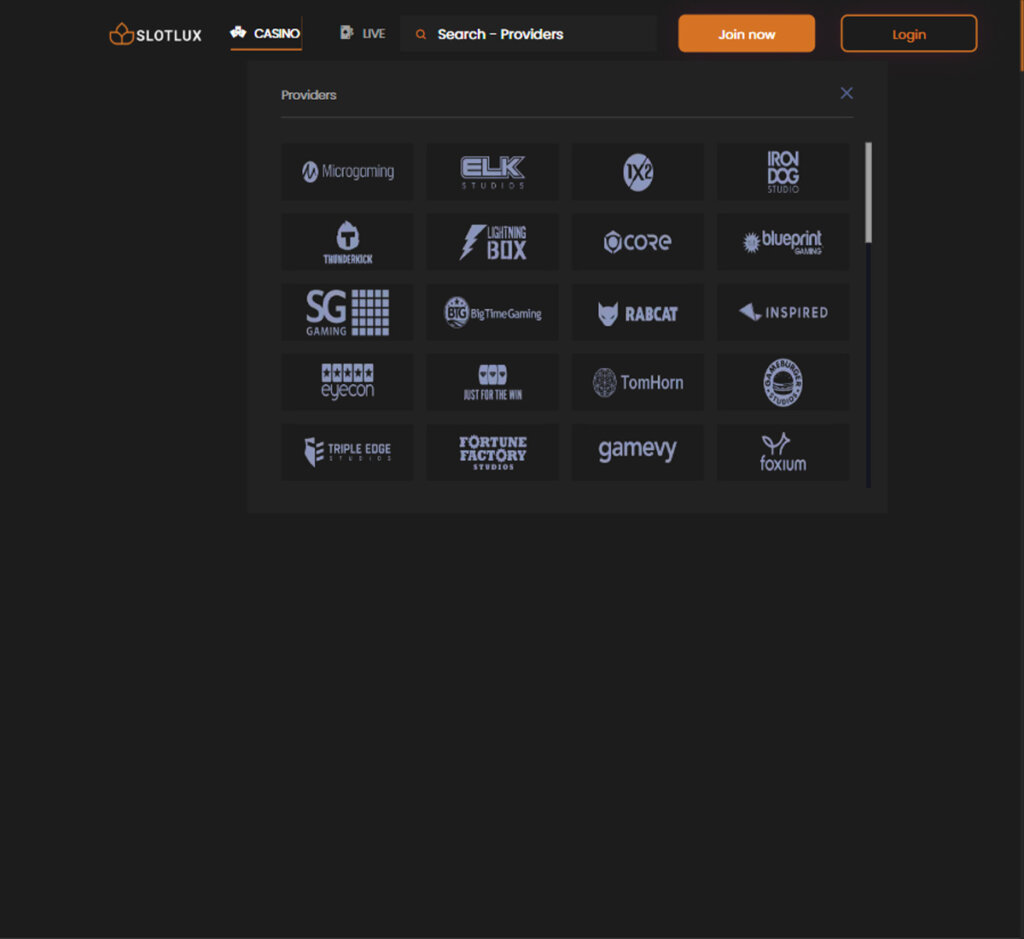 Slotlux Casino desktop software providers list screenshot featuring major game studios – tested