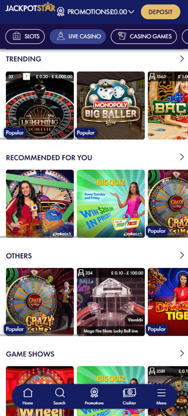 Jackpot Star Casino mobile live dealer games screenshot displaying tables including blackjack, roulette and baccarat on smartphone screen – tested