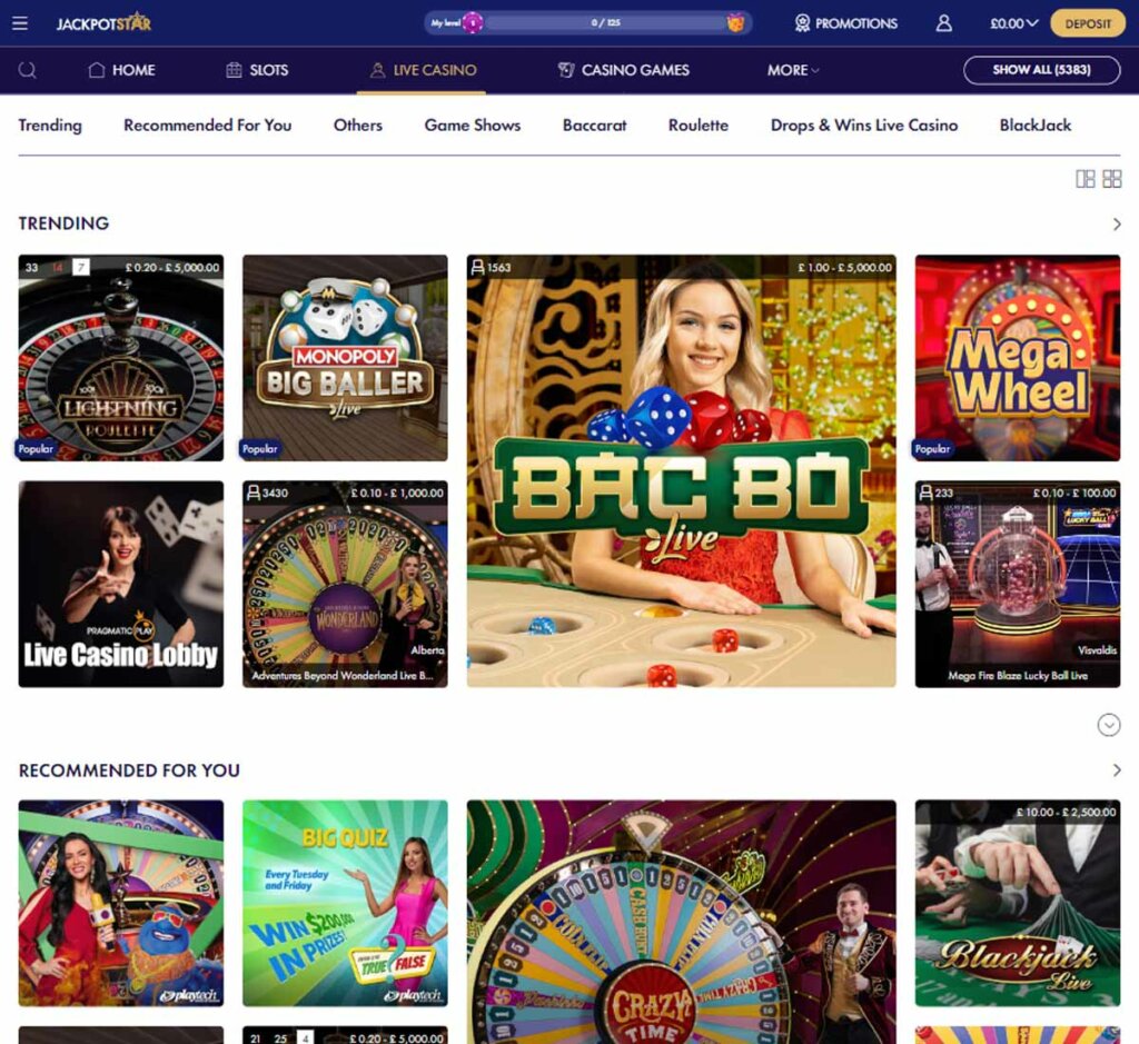 Jackpot Star Casino desktop live dealer games screenshot displaying tables including blackjack, roulette and baccarat with lobby navigation – tested