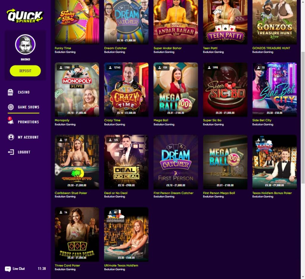 Quick Spinner Casino desktop live dealer games screenshot displaying tables including blackjack, roulette and baccarat – tested