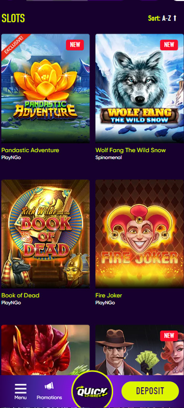 Quick Spinner Casino mobile slots screenshot showing featured games, categories and navigation on smartphone screen – tested