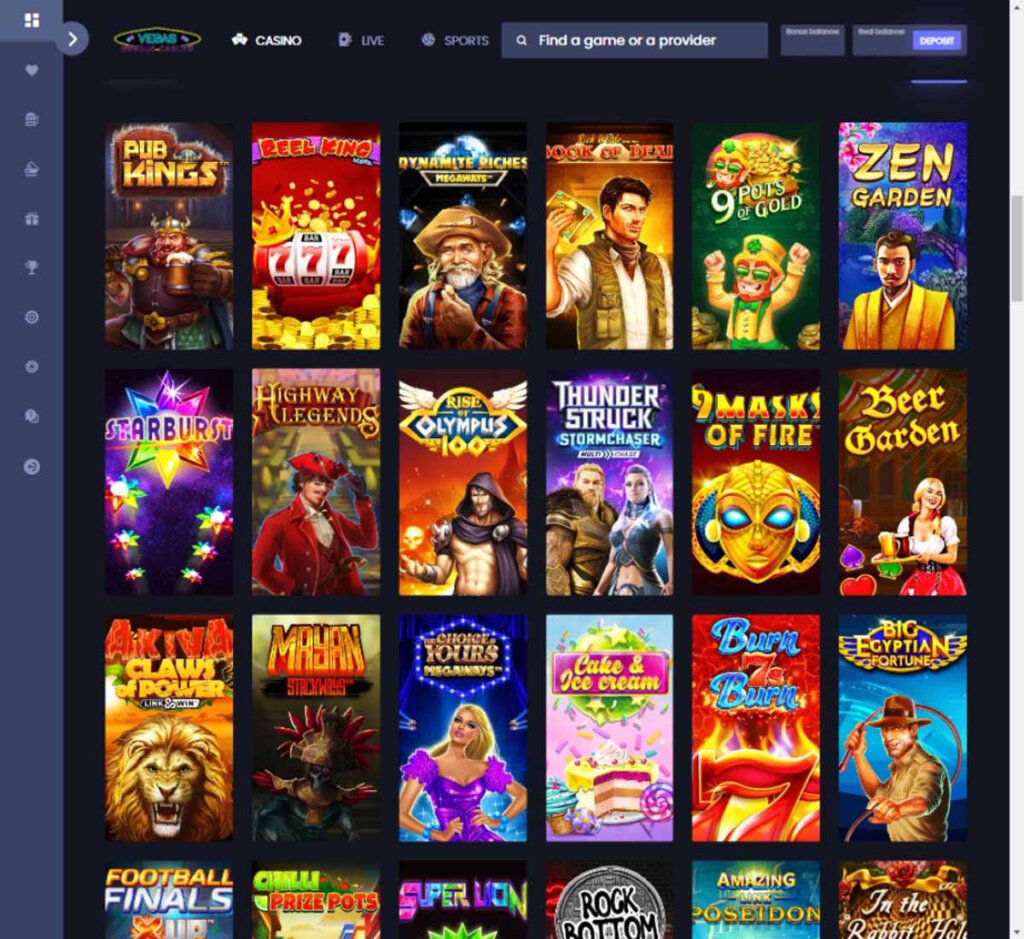 Vegas Mobile Casino desktop screenshot showing variety of slot games (pokies) - tested