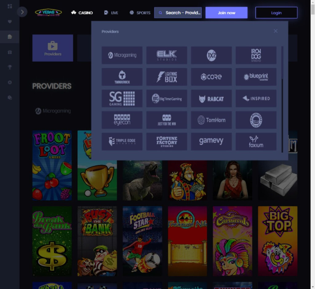 Vegas Mobile Casino mobile screenshot showing available software providers and mobile game lobby - tested