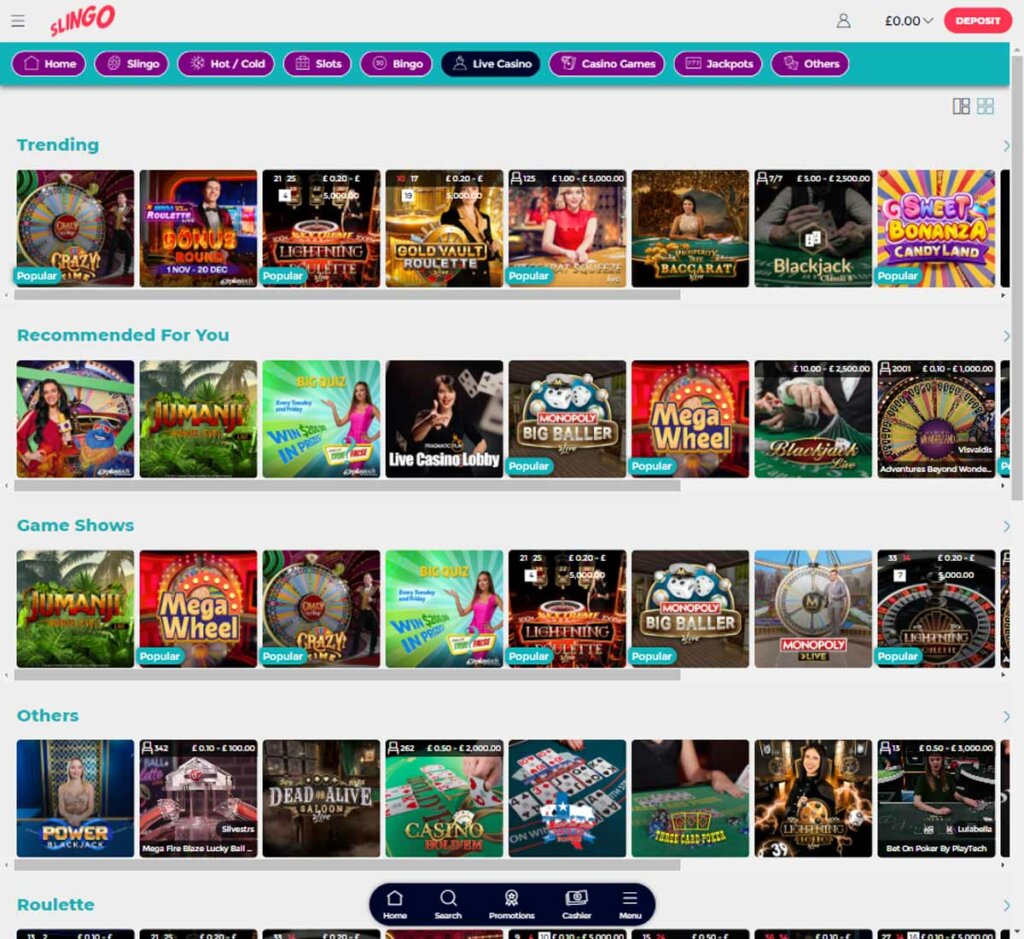 Slingo Casino desktop live dealer section screenshot with roulette, blackjack and baccarat tables – tested