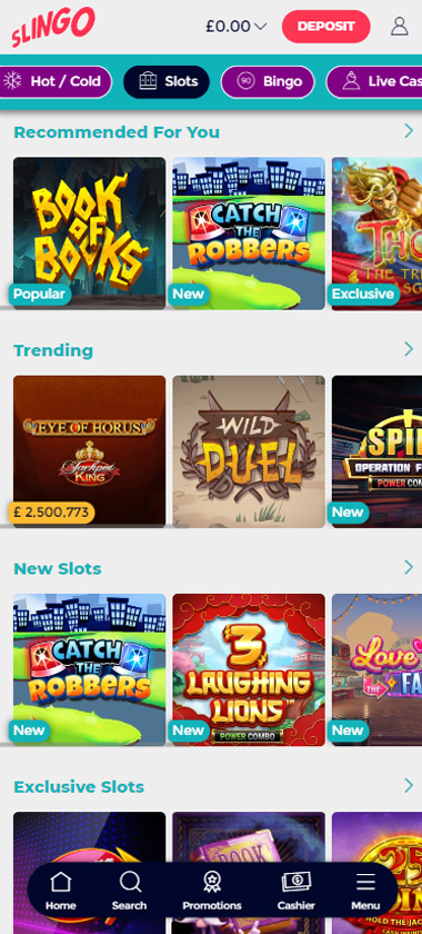 Slingo Casino mobile slots screenshot showing popular Slingo titles and slot categories – tested