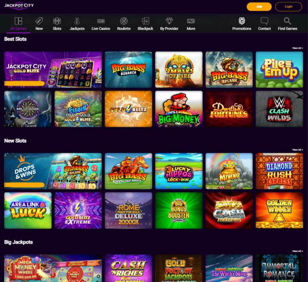 JackpotCity Casino desktop homepage screenshot showing main lobby with navigation menu, featured games and promotional banners – tested