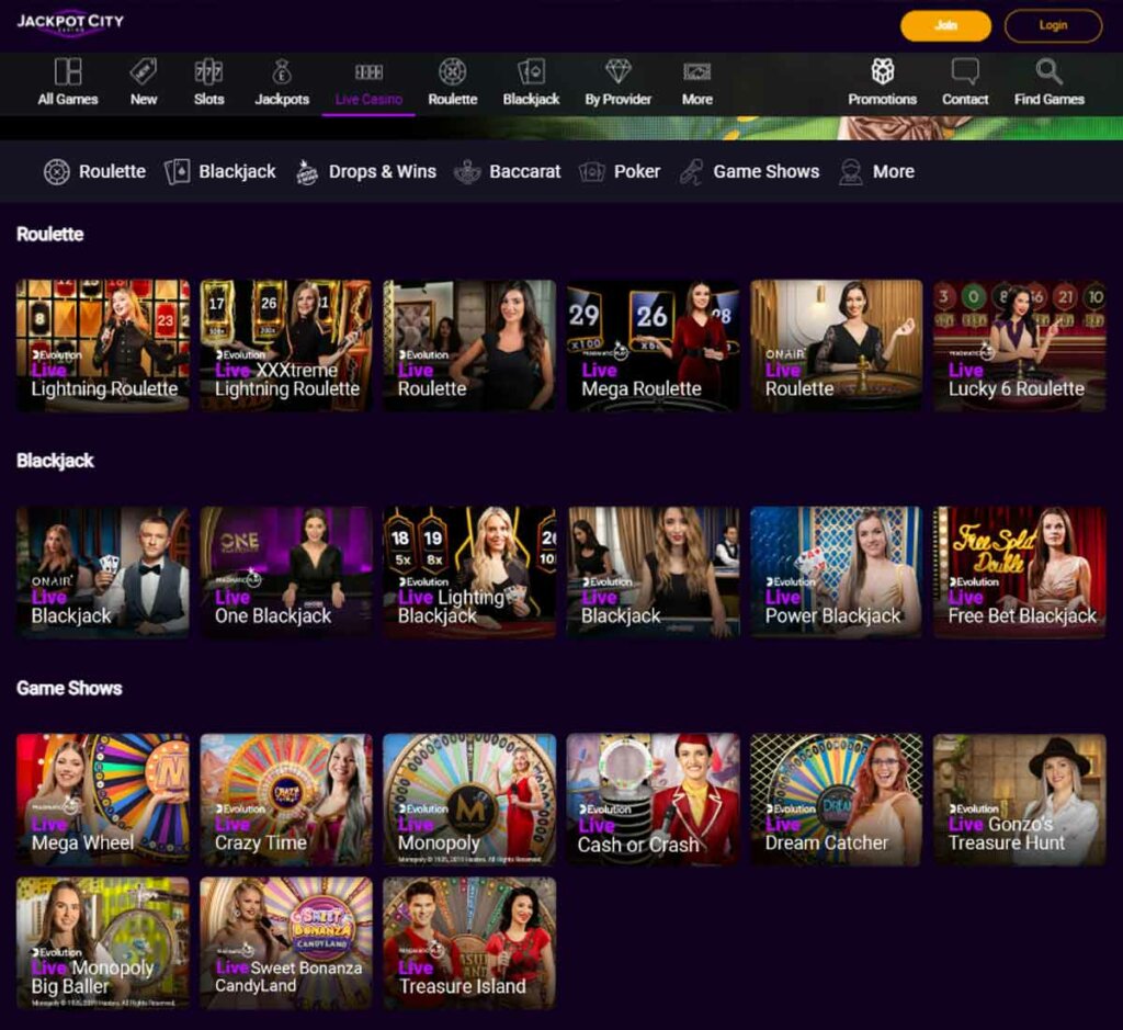 JackpotCity Casino desktop live dealer games screenshot displaying tables including blackjack, roulette and baccarat with lobby navigation – tested