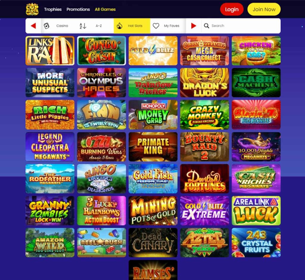 Copslots Casino desktop homepage screenshot showing main lobby with navigation menu, featured games and promotional banners – tested