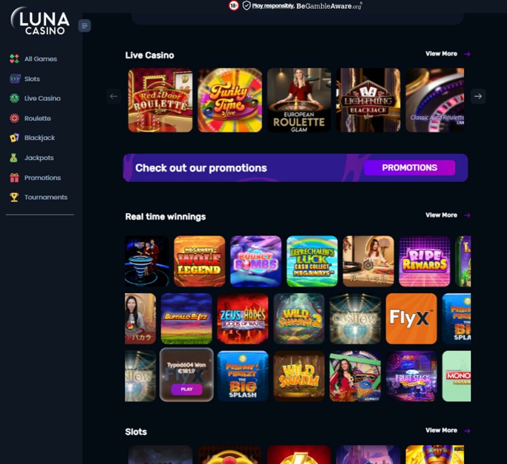 Luna Casino desktop homepage screenshot showing main lobby with navigation menu, featured games and promotional banners – tested Luna Casino desktop homepage screenshot showing main lobby with navigation menu, featured games and promotional banners – tested