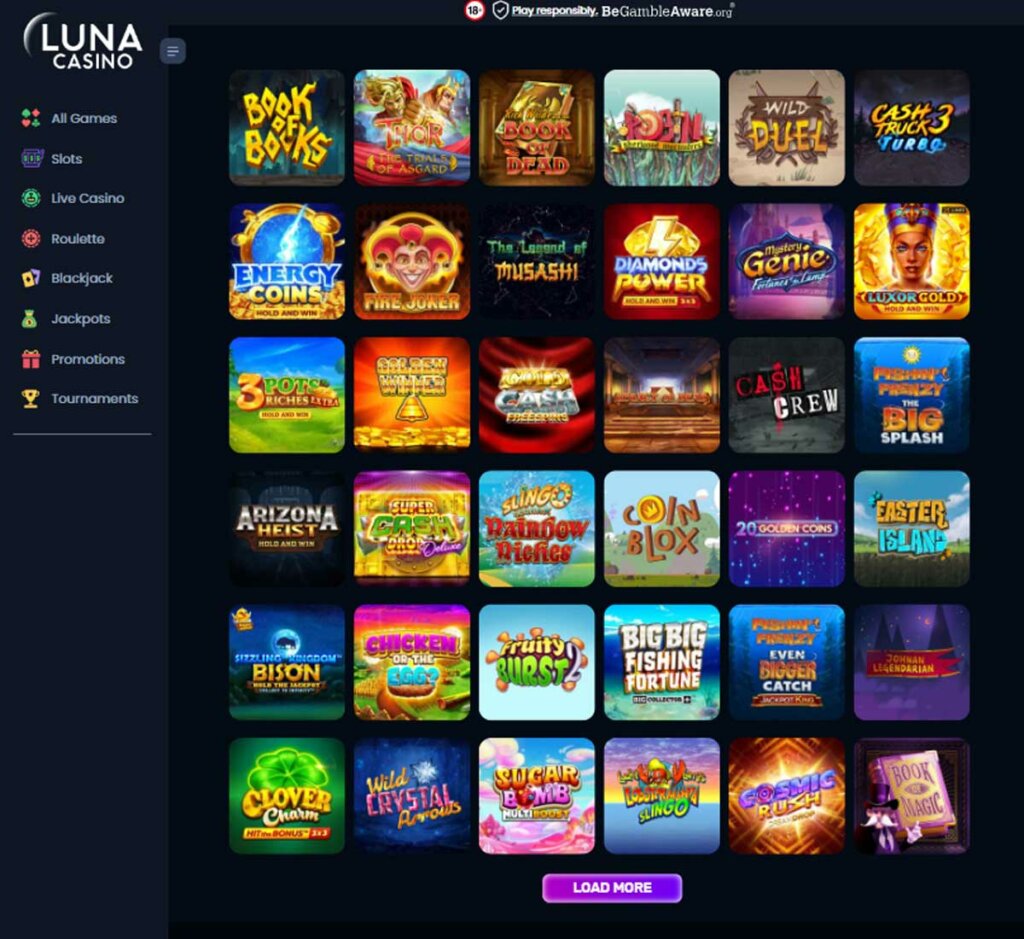 Luna Casino desktop interface screenshot showing slots variety with featured titles, categories and game providers – tested Luna Casino desktop interface screenshot showing slots variety with featured titles, categories and game providers – tested
