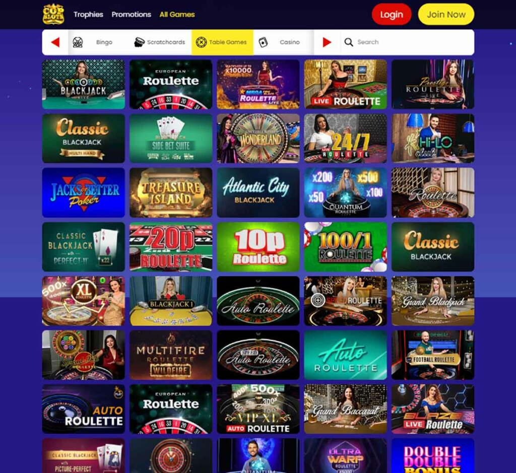 Copslots Casino desktop interface screenshot showing table games lobby with featured games including blackjack, roulette and baccarat – tested