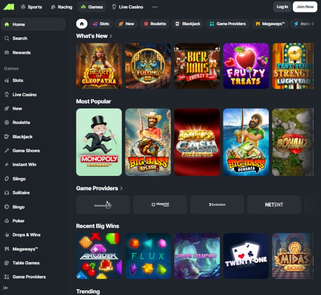 Midnite Casino desktop homepage screenshot showing main lobby with navigation menu, featured games and promotional banners – tested