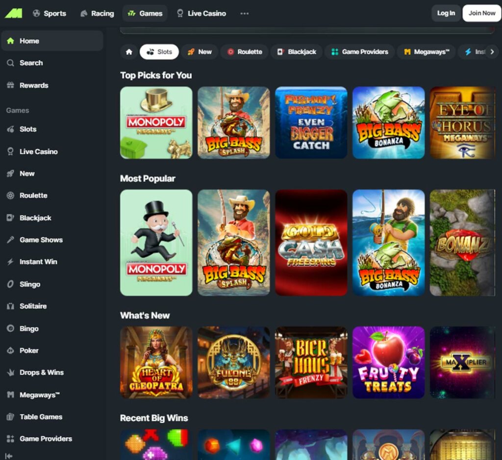 Midnite Casino desktop interface screenshot showing slots variety with featured titles, categories and game providers – tested