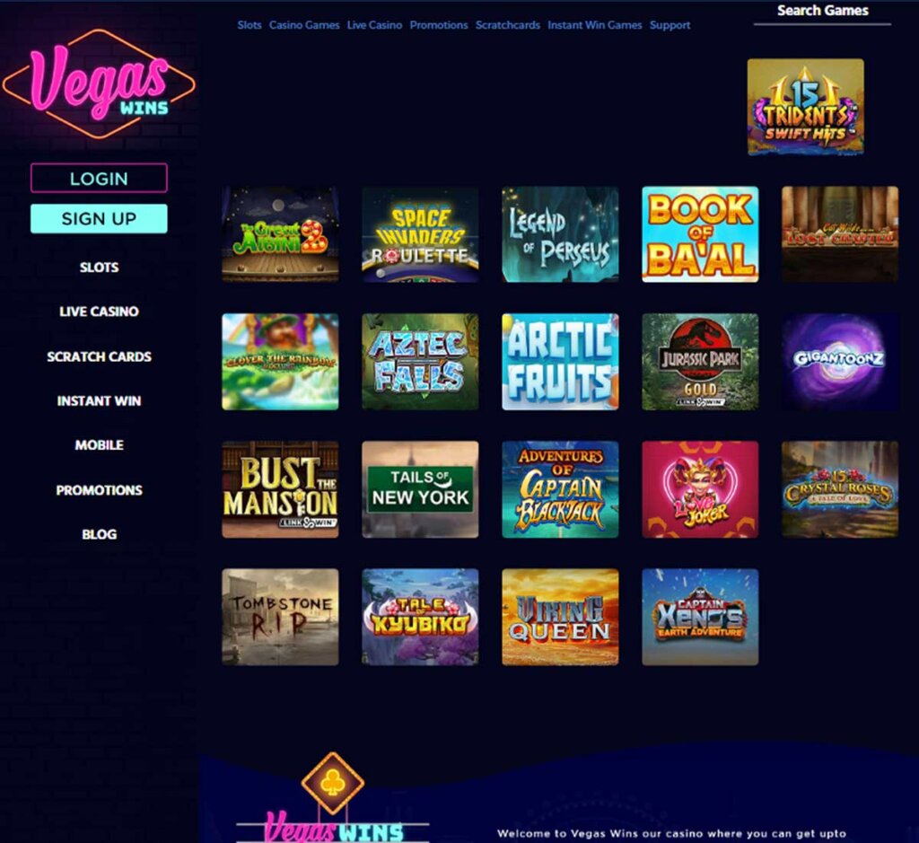 Vegas Wins Casino desktop homepage screenshot showing game lobby with slots and live casino games - tested