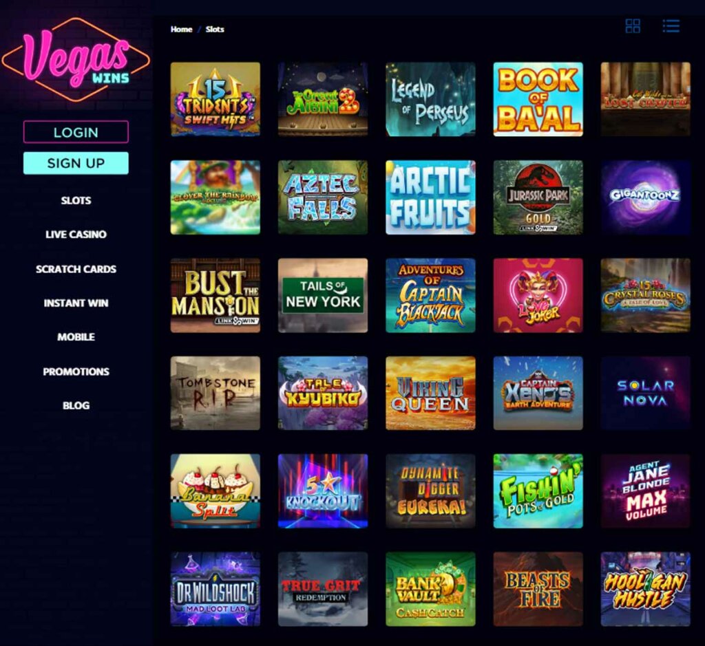 Vegas Wins Casino desktop screenshot showing slot games variety and platform interface - tested