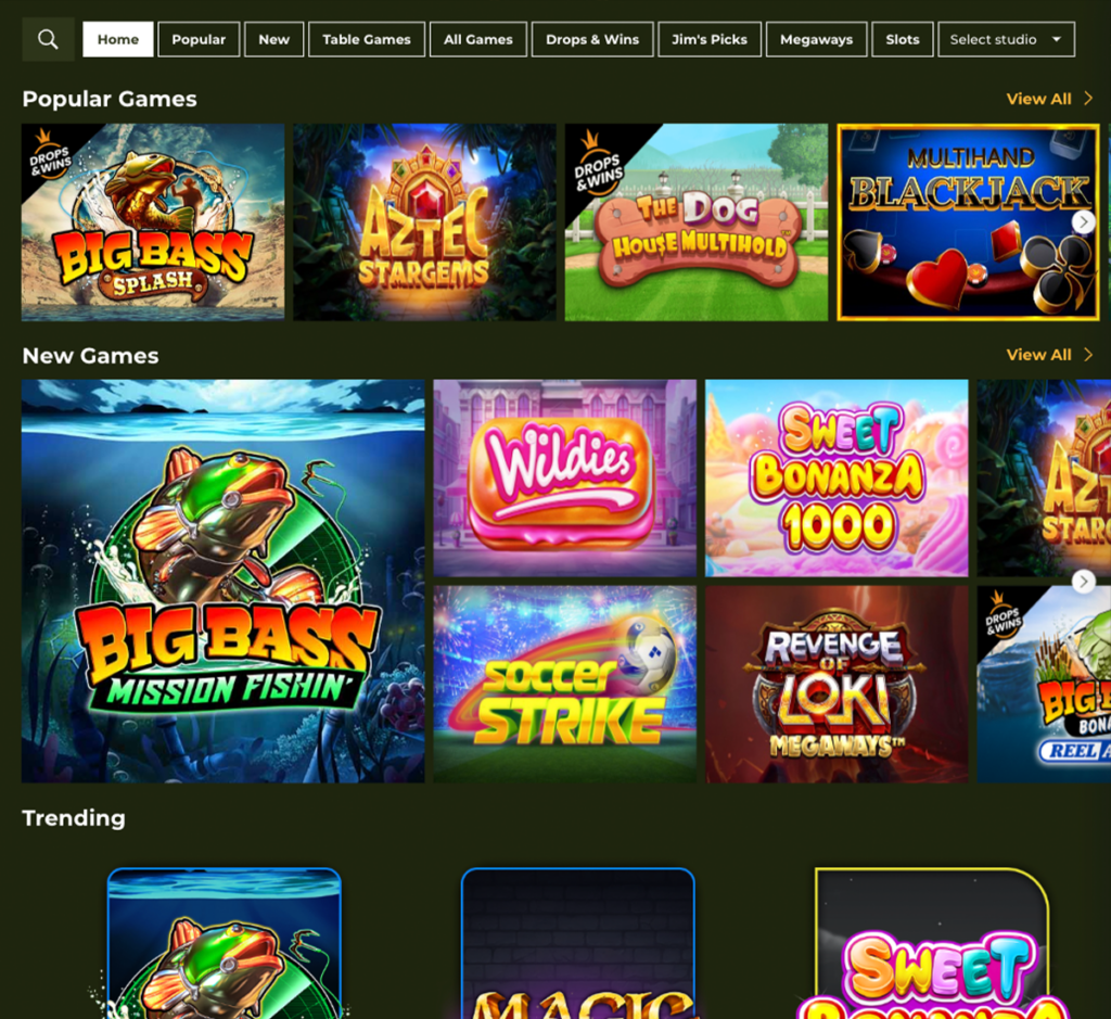 Gentleman Jim Casino desktop homepage screenshot showing main lobby with navigation menu, featured games and promotional banners – tested