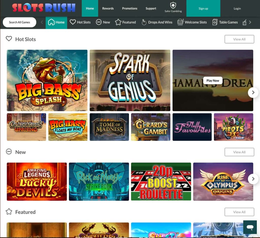 Slots Rush Casino desktop homepage screenshot featuring main lobby and navigation – tested