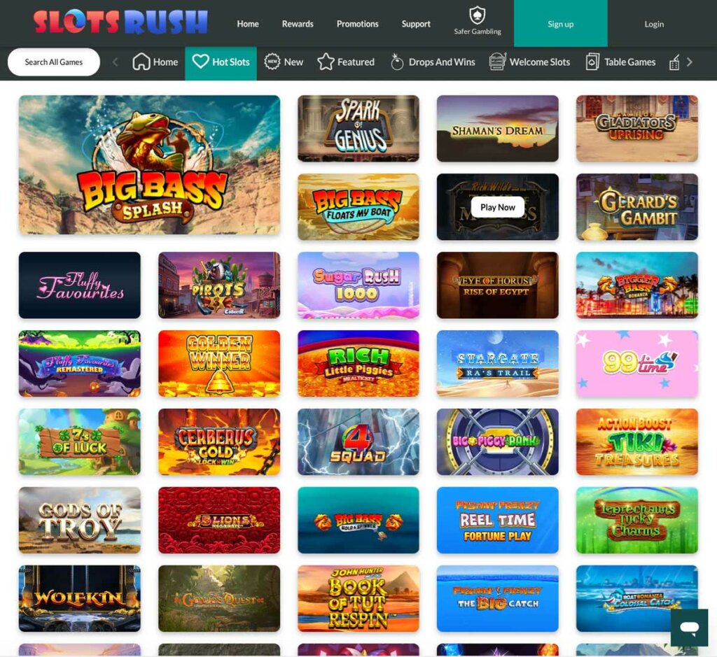 Slots Rush Casino desktop slots screenshot showing featured titles – tested