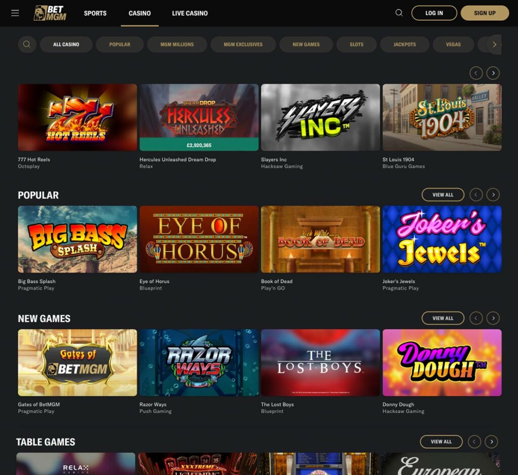BetMGM Casino desktop homepage screenshot showing main lobby with navigation menu, featured games and promotional banners displayed – tested