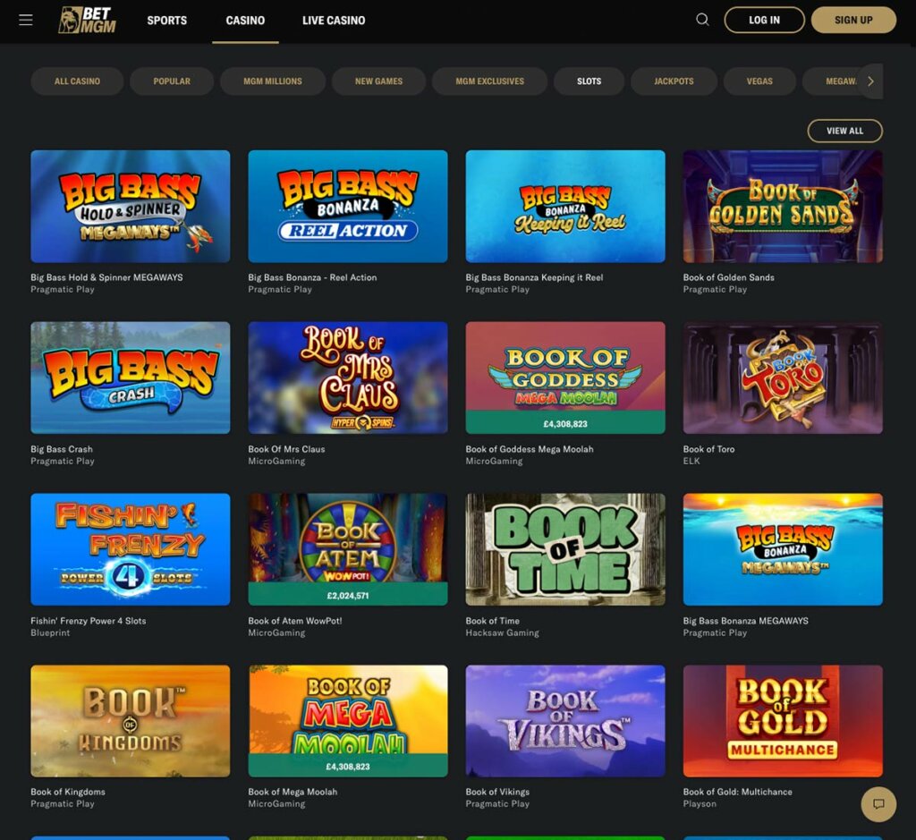 BetMGM Casino desktop interface screenshot showing slots variety review with featured titles, categories and game providers – tested