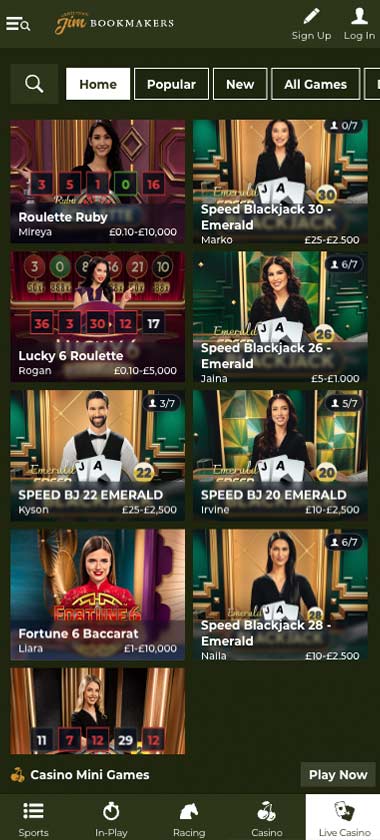 Gentleman Jim Casino mobile live casino screenshot displaying real-dealer tables including roulette, blackjack and baccarat with compact lobby layout on smartphone screen – tested