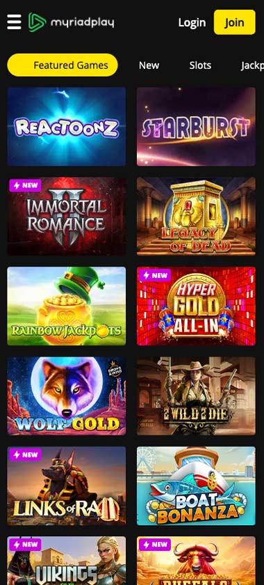 MyriadPlay Casino mobile homepage screenshot showing main lobby with featured games and navigation on smartphone screen – tested