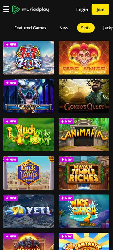 MyriadPlay Casino mobile slots screenshot showing featured games, categories and navigation on smartphone screen – tested
