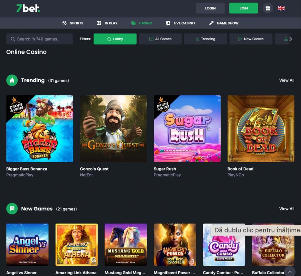 7bet Casino desktop homepage screenshot showing main lobby with navigation menu, featured games and promotional banners displayed – tested