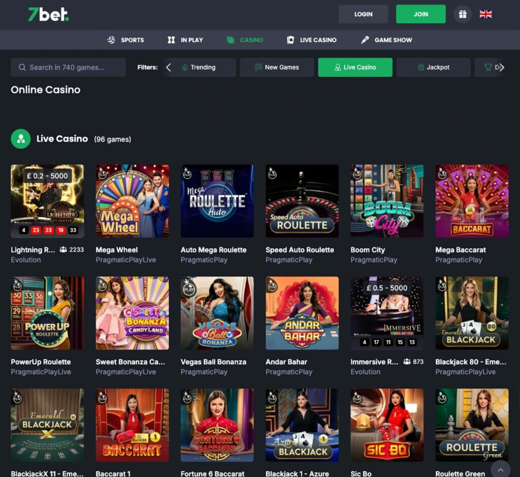 7bet Casino desktop live casino screenshot displaying games collection with real-dealer tables including roulette, blackjack and baccarat in lobby view – tested