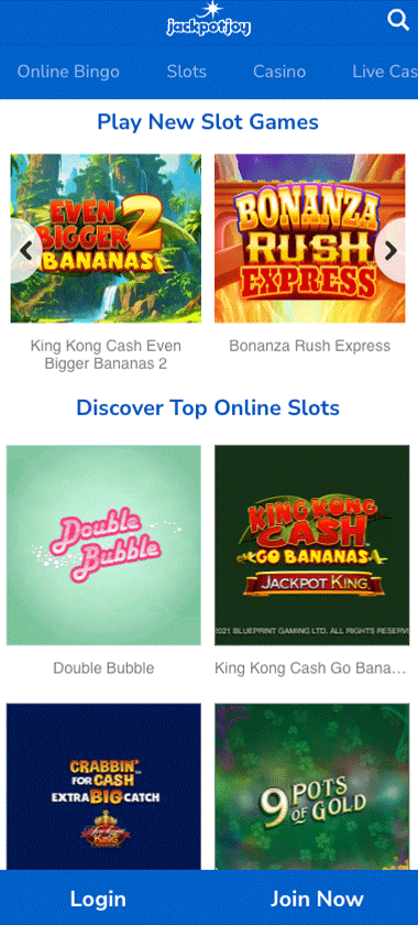 JackpotJoy Casino mobile homepage screenshot showing main lobby with navigation menu, featured games and promotional banners on smartphone screen – tested