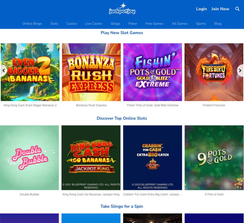 JackpotJoy Casino desktop homepage screenshot showing main lobby with navigation menu, featured games and promotional banners – tested