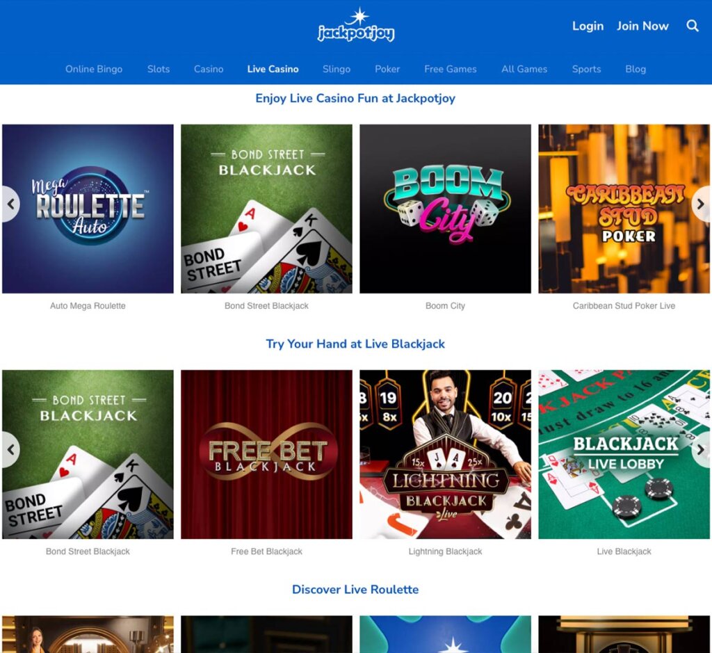 JackpotJoy Casino desktop live dealer games screenshot displaying tables including blackjack, roulette and baccarat with lobby navigation – tested
