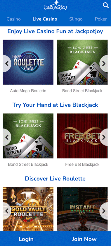 JackpotJoy Casino mobile live dealer games screenshot displaying tables including blackjack, roulette and baccarat on smartphone screen – tested