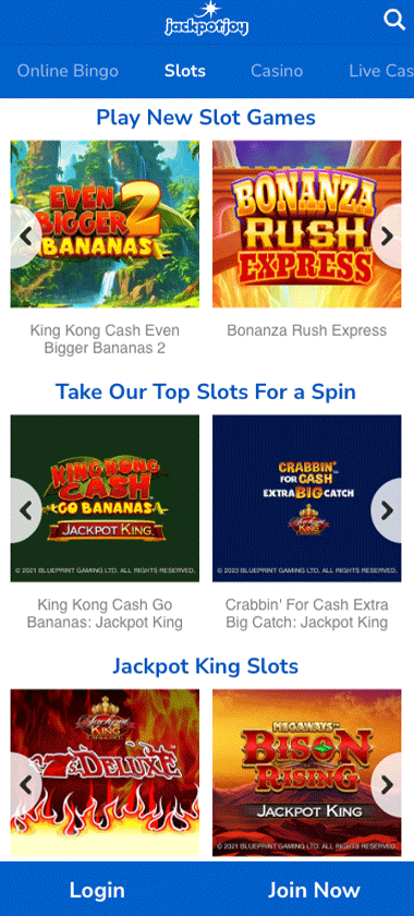 JackpotJoy Casino mobile slots screenshot showing featured slot games, categories and navigation on smartphone screen – tested