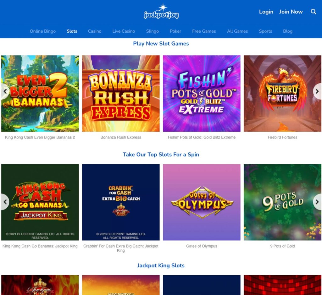 JackpotJoy Casino desktop interface screenshot showing slots variety with featured titles, categories and game providers – tested