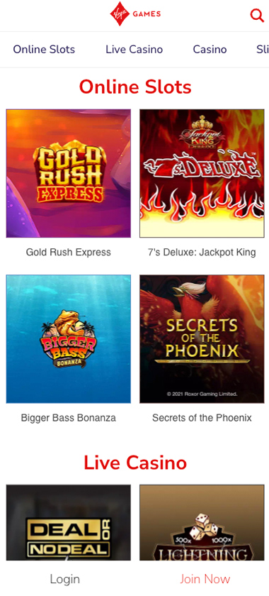 Virgin Games Casino mobile homepage screenshot showing game lobby with slots and live casino options - tested