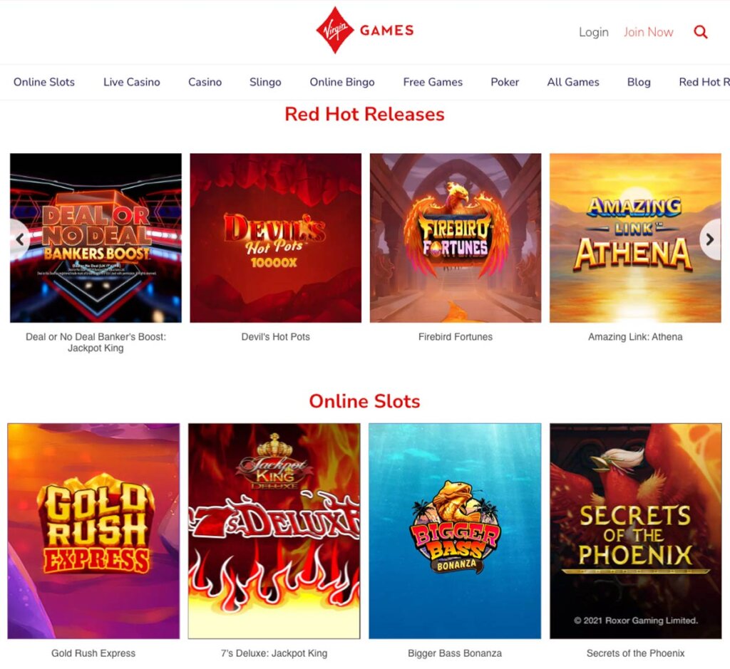 Virgin Games Casino desktop homepage screenshot showing game lobby with slots and live casino games - tested