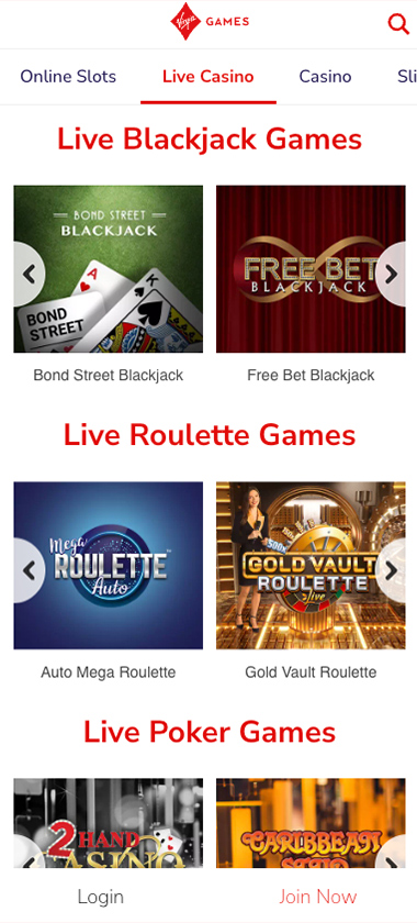 Virgin Games Casino mobile screenshot showing live dealer game lobby and tables - tested