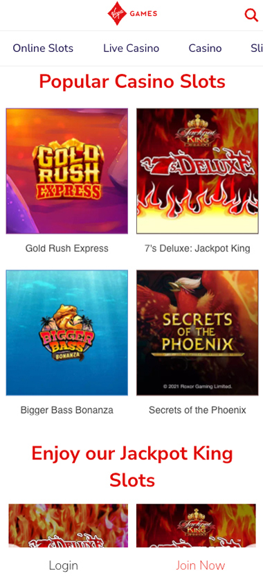 Virgin Games Casino mobile screenshot showing slot games selection and mobile interface - tested